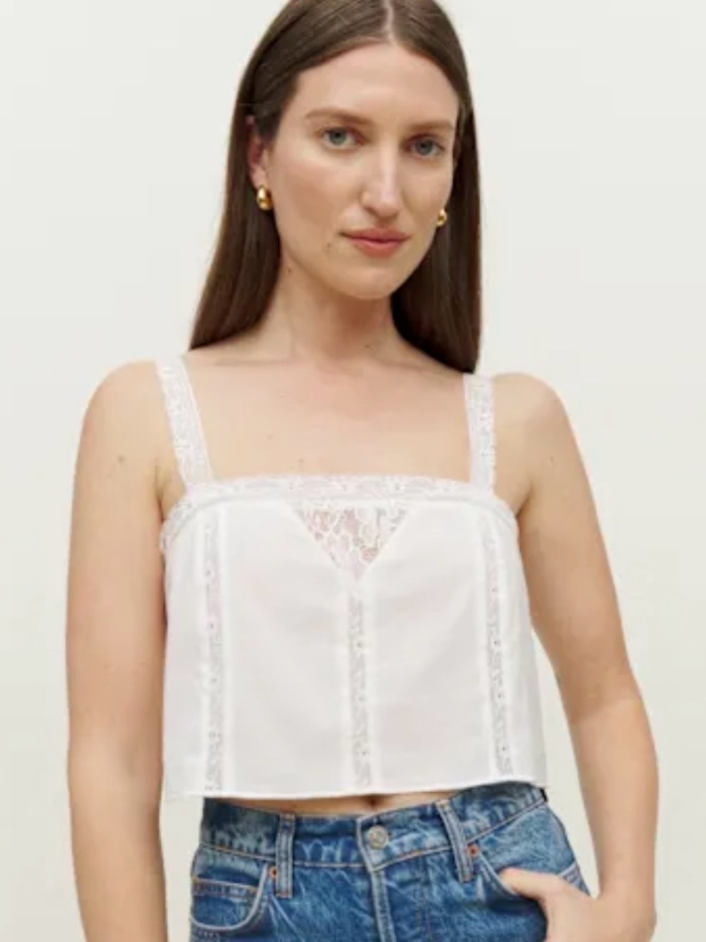 Reformation White Lace-Trim Square Neck Cami